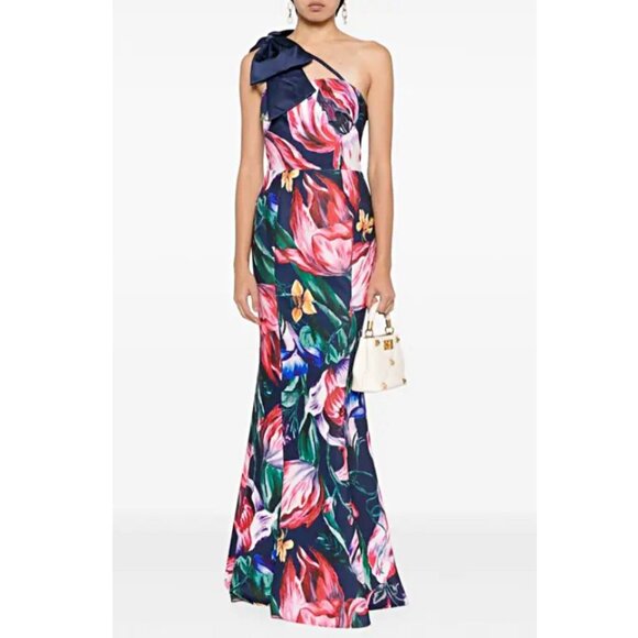 Marchesa Notte Florilegium One Bow Shoulder Floral Mikado Satin Gown sz 4 $895 - Picture 6 of 16